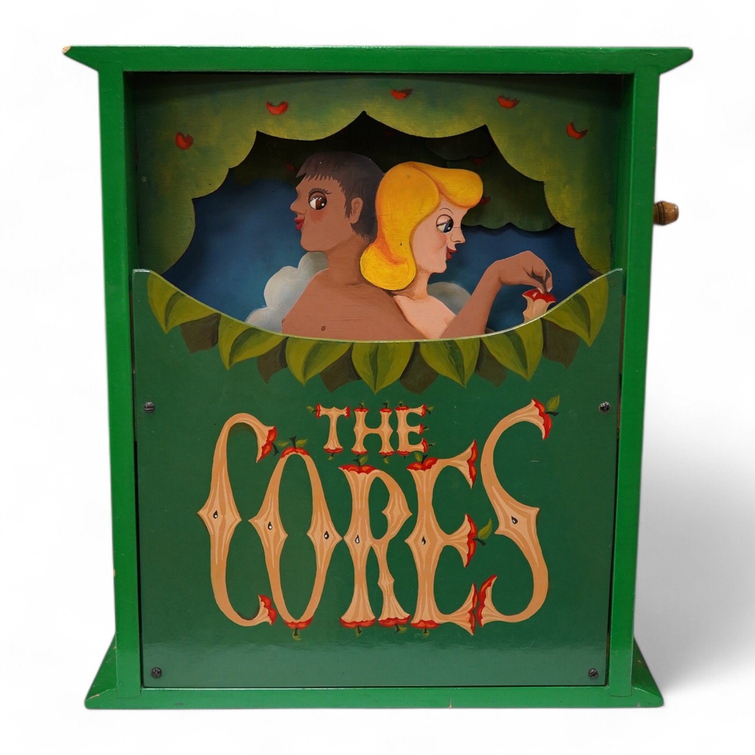 A modern Adam and Eve comical automaton entitled 'The Cores' by Frank Nelson, modelmaker and woodcarver 99 Bridge Lanes, Hebden Bridge, hand operated by turning the handle to one side, 35cm high, 31cm wide, 11.5cm deep.